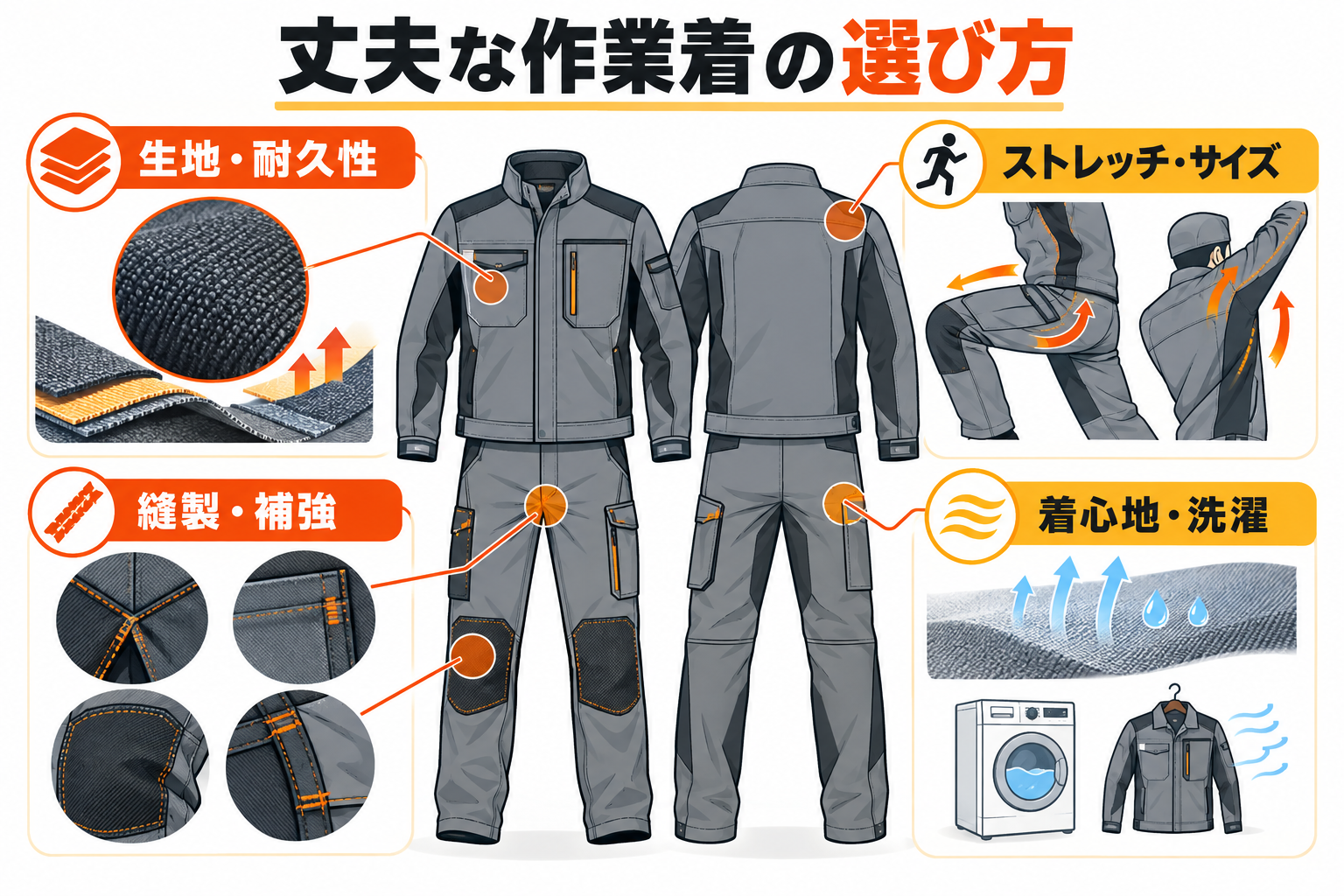 丈夫な作業着を選ぶポイントを図解
